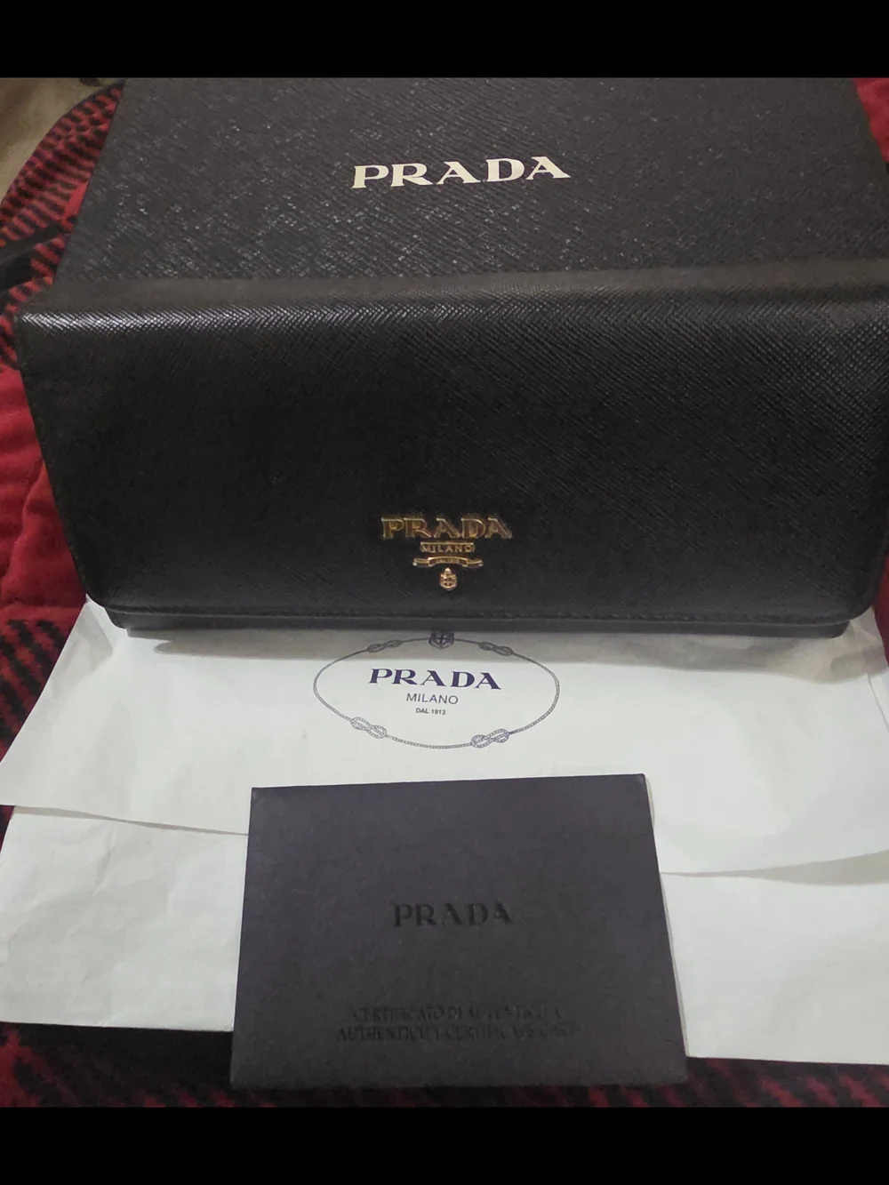 Prada Black Saffiano Leather Wallet with Card Holder and Chain